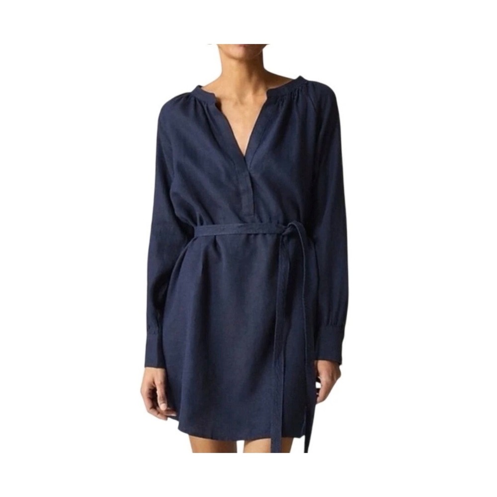 J.Crew Linen Cabana Tunic Shirt Dress S Navy Belted Balloon Sleeve‎ Mini Pockets
